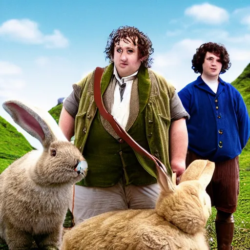 Prompt: clean shaven pudgy British lad with short curly dark brown hair as a hobbit wearing a white men's crossbody sling chest bag and blue vest standing next to a giant rabbit, blue vest! high resolution film still, movie by Peter Jackson