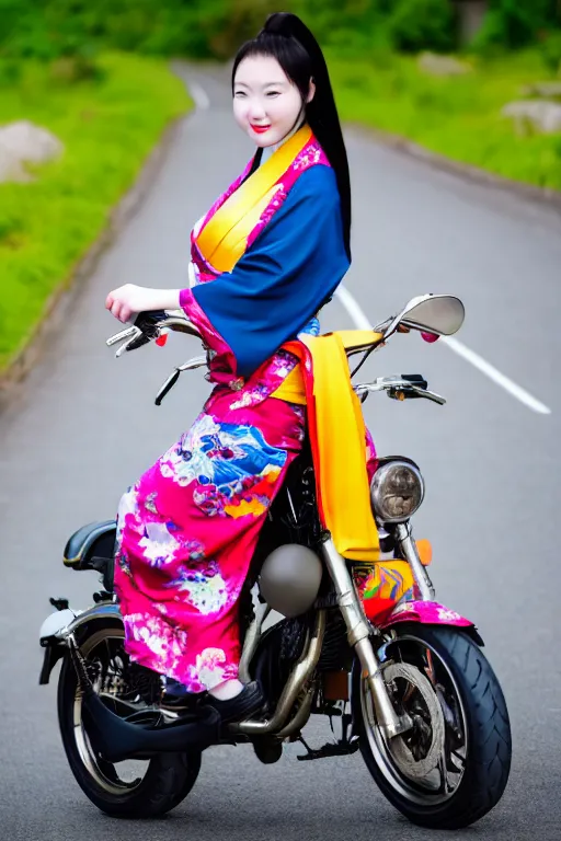 Image similar to full - length photo, young woman, riding a motorcycle, wearing japanese kimono, high heels, 4 k, colourful