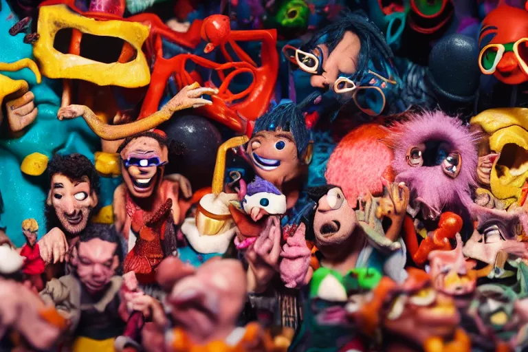 Image similar to cinematic screenshot of a stop motion claymation film about a wacky adventure starring danny brown, shallow depth of field, 1 8 mm, f 1. 8