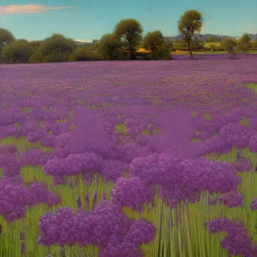 Prompt: a painting of purple flowers in a field, a matte painting by Edward Okuń, featured on deviantart, american impressionism, matte painting, anime aesthetic, matte drawing, pastel