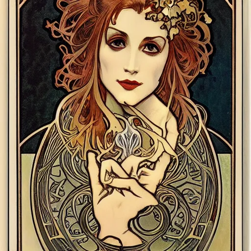 Image similar to female occult detective, painted by alphonse mucha