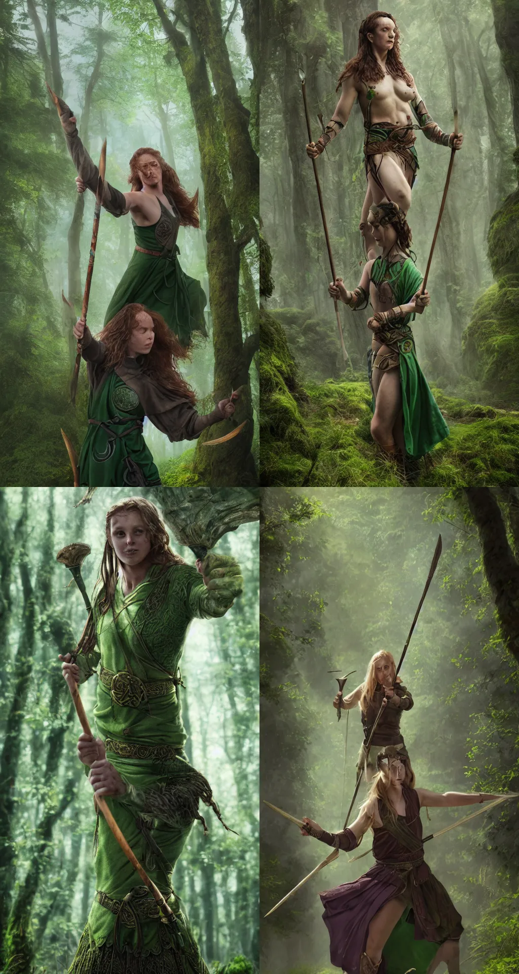 Prompt: establishing shot of an athletic celtic woman holding a quarterstaff, green robes, tattoos, detailed and freckled face, full shot, irish forest, natural, organic, matte painting, trending on artstation, professional digital art, 8 k uhd cgsociety