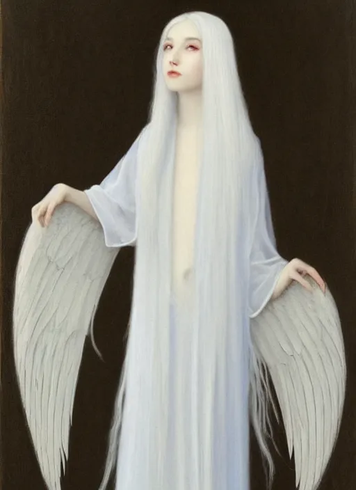 Prompt: thin young beautiful angel with silver hair so long, pale!, wearing white robes!, wearing silver hair, silver angel wings, young adorable korean face, silver hair!!, oil on canvas, style of fernand khnopff, 4 k resolution, aesthetic!,