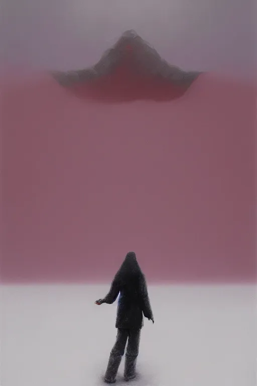 Image similar to a painting of a person standing in the snow, blizzard, a surrealist painting by zdzisław beksinski and by alena aenami, deviantart, nuclear art, dystopian art, apocalypse landscape, red color scheme, surrealist