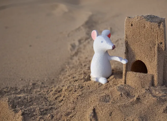 Image similar to dslr photo still of a cute little white mouse peaking out of a sand castle on wet sand in a bright sunny day, 8 k, 8 5 mm f 1. 4