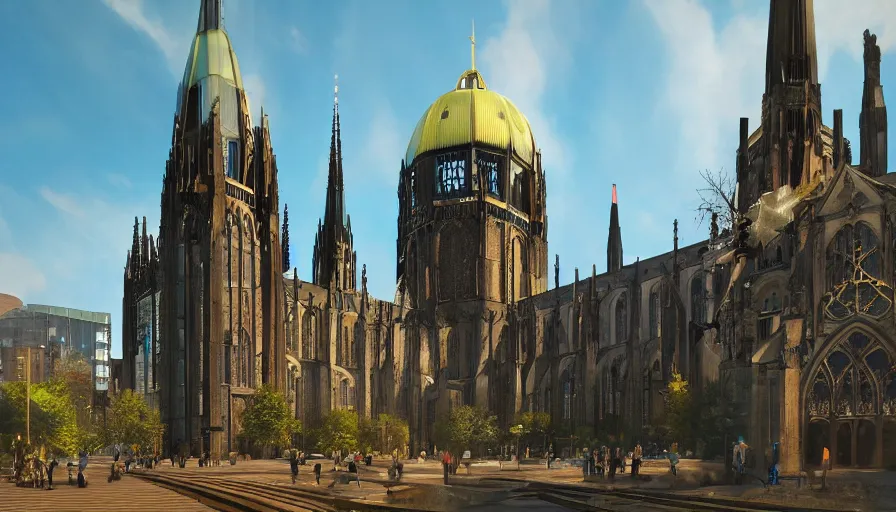 Prompt: futuristic neo - gothic berlin with humongous church train station, glass dome, sunny day, volumetric light, hyperdetailed, artstation, cgsociety, 8 k