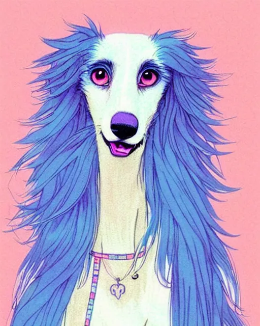 Prompt: cute borzoi anthro wearing a blue ribbon, city background, very anime!!! kawaii!! intricate details, aesthetically pleasing pastel colors, poster background, art by conrad roset and ilya kuvshinov