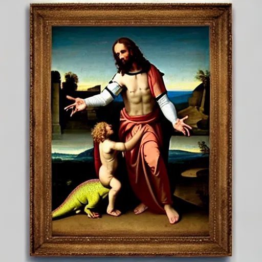 Image similar to T-rex with jesus’ haircut, renaissance painting, 4K