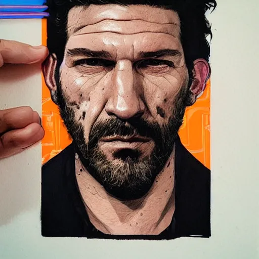 Prompt: Jon Bernthal picture by Sachin Teng, asymmetrical, dark vibes, Realistic Painting , Organic painting, Matte Painting, geometric shapes, hard edges, graffiti, street art:2 by Sachin Teng:4