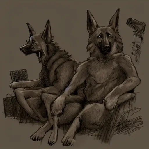 Image similar to two humanoid german shepherds beast - men, sitting on a couch and hugging together in military style, artstation.