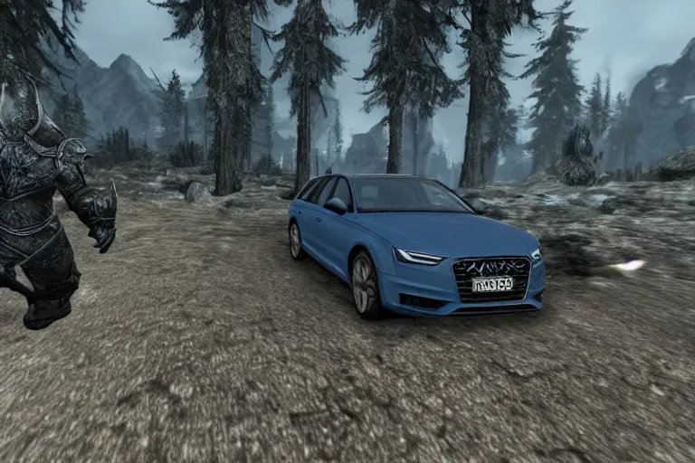 Image similar to the player fighting against a denim blue audi a 4 b 6 avant in skyrim, the elder scrolls v : skyrim gameplay footage