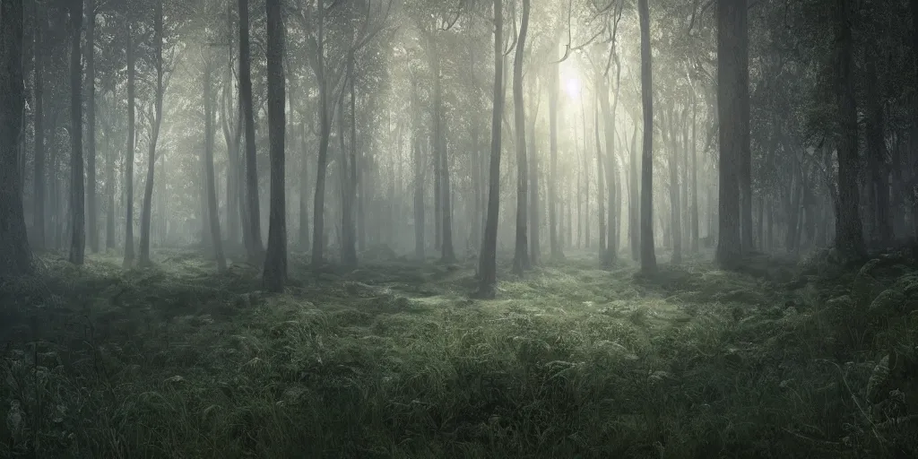 Image similar to highly detailed, intricate stunningly beautiful image of a forest , photorealistic, dusty and smokey, 8k, ethereal,matte painting, stunning atmosphere, morning,beautiful lit by Andrei Riabovitchev and Jacek Szynkarczuk and Zdzisław Beksiński