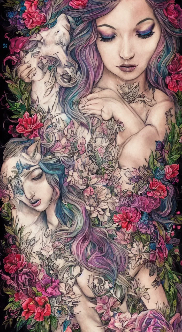 Prompt: beautiful woman with large tattoo of unicorn, intricate, flowers, mythical, detailed, digital painting