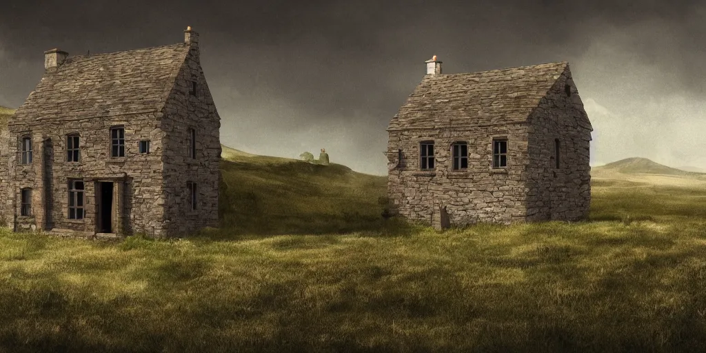 Prompt: an old irish stone house standing in the middle of nowhere, vast empty space, dim lighting, dust particles, photorealistic painting, beautiful elaborate painting, vintage house style, digital painting, high resolution, cinematic scene lighting, matte painting