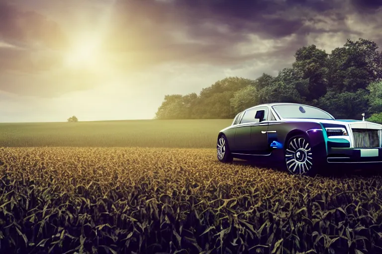 Image similar to a mirrored rolls royce in the center of a cornfield, hyper realistic, ambient lighting, concept art, intricate, hyper detailed, smooth, dynamic volumetric lighting, octane, raytrace, cinematic, high quality, high resolution, 4 k