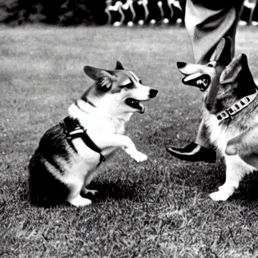 Image similar to historical photo of queen elizabeth and her corgis defeating hitler in hand to hand combat, natural sunlight, sharp focus, highly detailed, depth of field