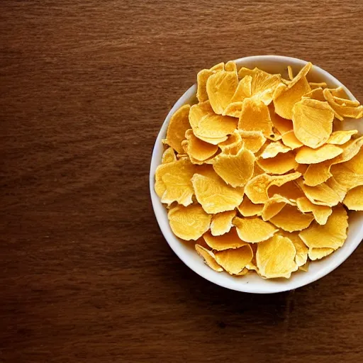 Image similar to a bowl of cornflakes in milk on a yellow table shot from above