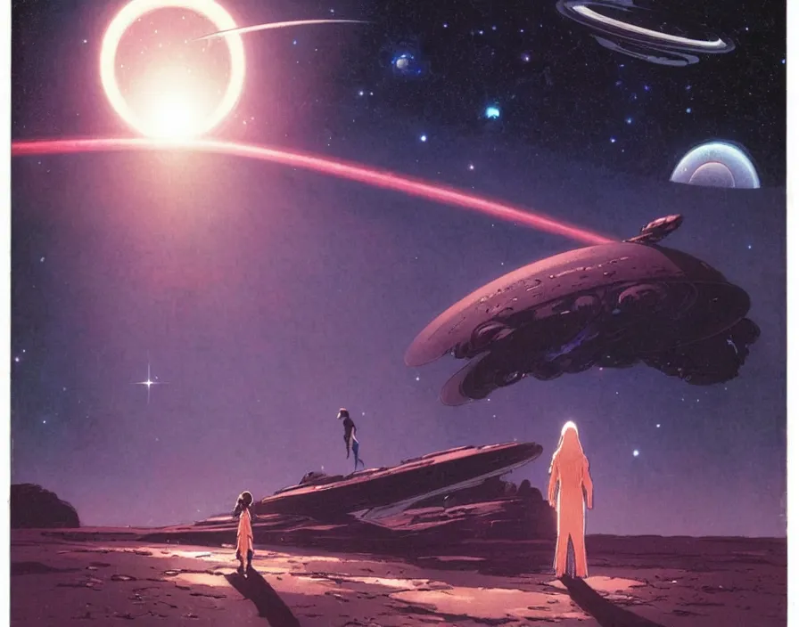 Image similar to illustrated by moebius and greg rutkowski, romantic!!! space scene!! with standing young girl!!!!, orbit of earth!, futuristic orbital station!!!!, nebulae!!, starry sky!!, rule of third!!!!, vintage cover of sci - fi magazine, cinematic!!