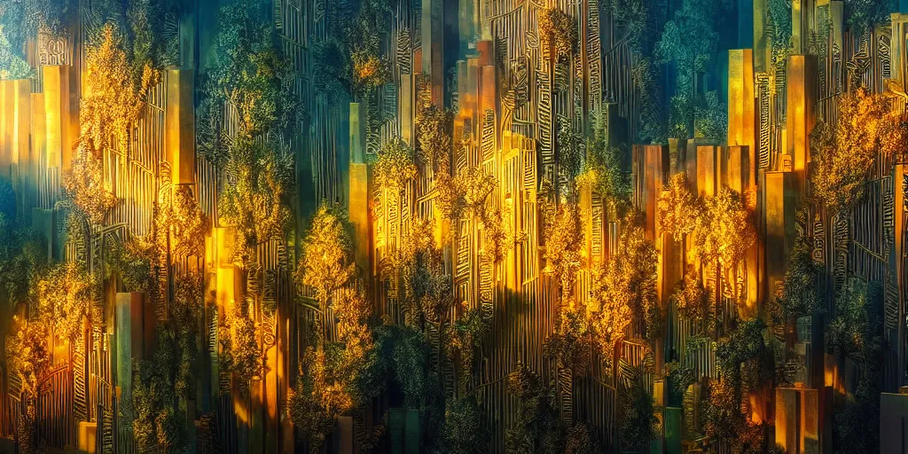 Prompt: urban jungle, by sapna reddy, during golden hour, cinematic forest lighting, hyperdetailed crystalline masterpiece incrustations, volumetric, diffuse, real life landscape, aperture f. 1 1