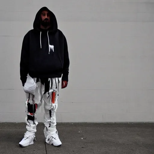 Image similar to jesus in virgil abloh nike hoodie and track pants by nicola samori, jean jacket, off - white style