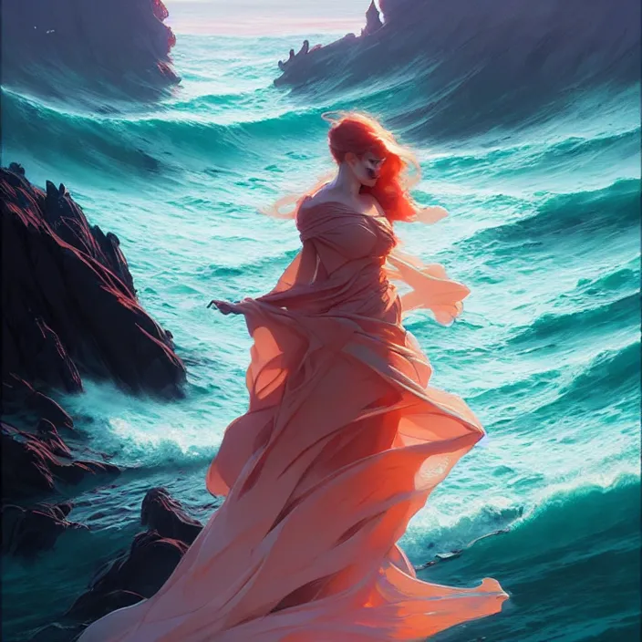 Image similar to style artgerm, joshua middleton, jeremy lipking, a castle of coral, very long spires, water swirling, detailed, ocean background setting, volumetric lighting