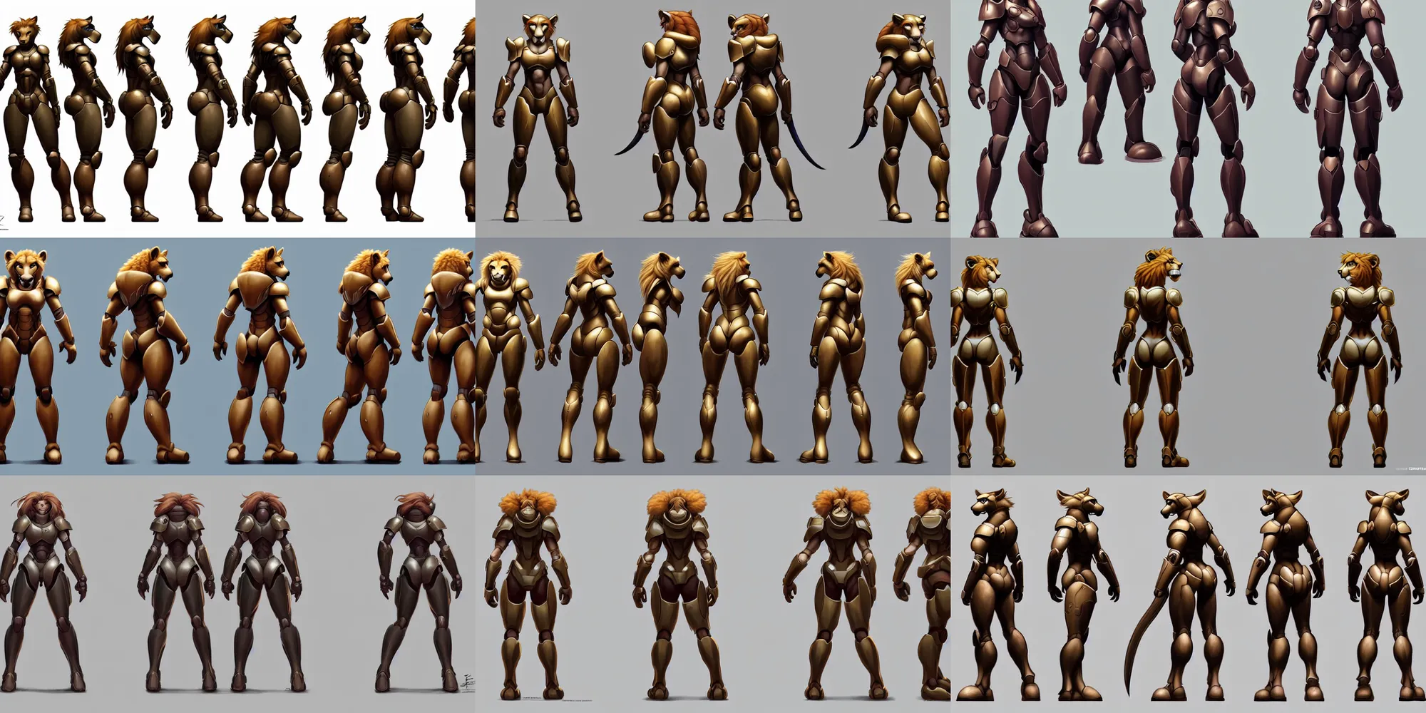 Prompt: beautiful full body character reference sheet with front, back and side profiles of a strong female anthropomorphic lioness fursona wearing halo spartan ii armor. character design by disney, anime, manga, charlie bowater, ross tran, artgerm, and makoto shinkai, detailed, soft lighting, rendered in octane