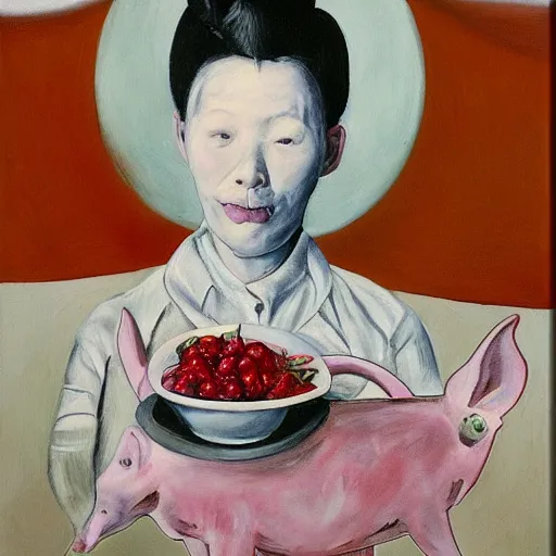 Image similar to “a portrait in an art student’s apartment, a feminine pig wearing white cotton stained with fresh juicy berries, pork, ikebana white flowers, white wax, squashed berries, acrylic and spray paint and oilstick on canvas, by munch and Dali”