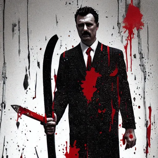 Prompt: Igor Ghirkin Strelkov as The American Psycho holding an axe, covered in blood, donning a raincoat, cinematic still