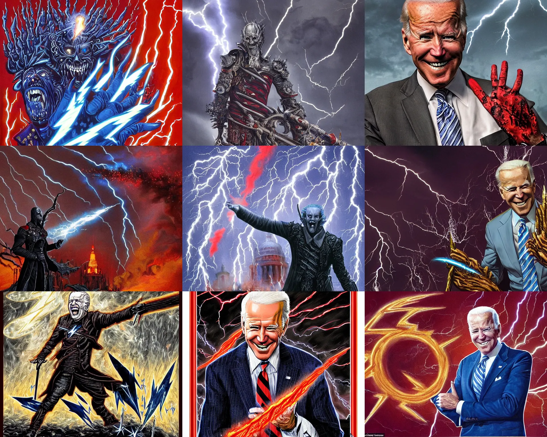 Prompt: Joe Biden with a wide grin shooting lightning bolts from his fingertips, evil, chaos, ornate, horror, detailed, bloodborne, colorful