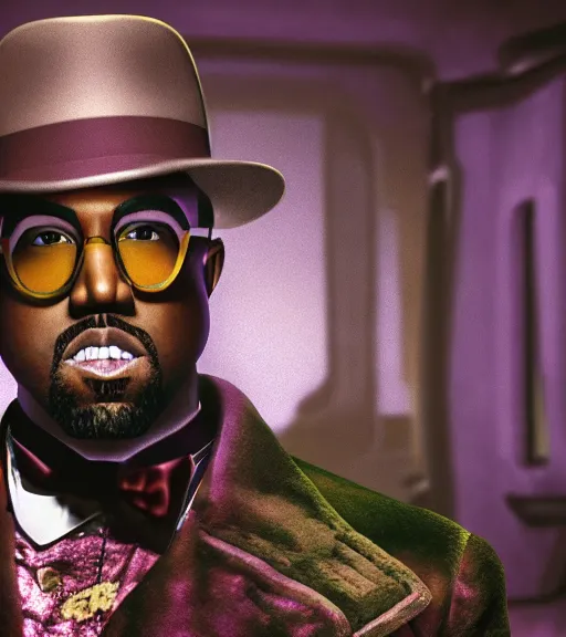 Prompt: Portrait of Kanye West as willy wonka in fallout new vegas, splash art, movie still, cinematic lighting, dramatic, octane render, long lens, shallow depth of field, bokeh, anamorphic lens flare, 8k, hyper detailed, 35mm film grain