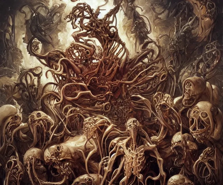 Image similar to elegant renaissance painting of biomechanical warhammer final boss bodybuilder vecna battle, art by alex ross and peter mohrbacher, epic biblical depiction, flesh and bones, fangs, teths and tentacles, corpses and shadows!