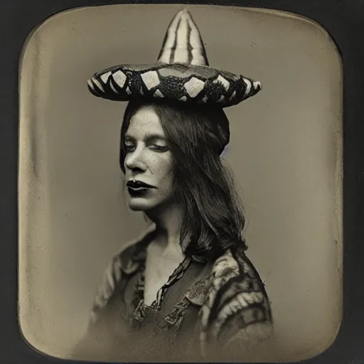 Image similar to a wet plate photo of a boa constrictor : : 1 snake : : 1 0 wearing a tiny jester hat : : 5 h 7 6 0