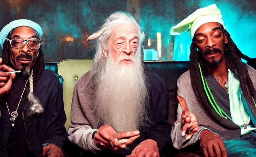 Prompt: a smartphone picture of stoned gandalf and snoop dogg smoking a joint sitting on a couch in a neon night club,