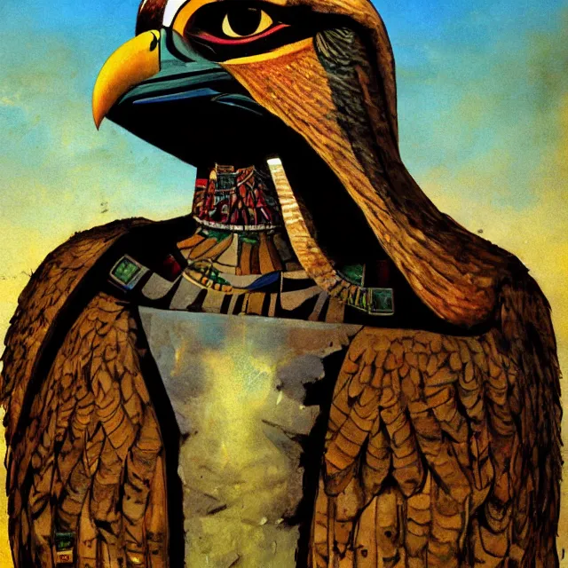 Prompt: rough painting of Horus the falcon headed egyptian god, by Enki Bilal, by Dave McKean