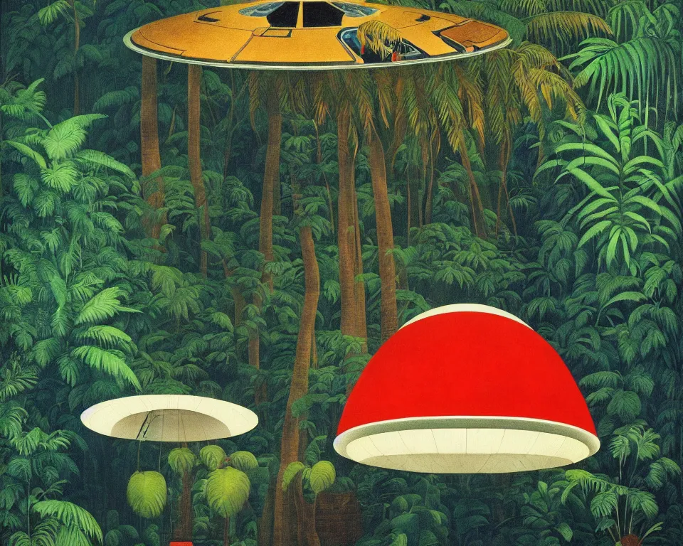 Image similar to an achingly beautiful print of an Apollo command module in the middle of a tropical rainforest by Raphael, Hopper, and Rene Magritte. detailed, romantic, enchanting, trending on artstation.