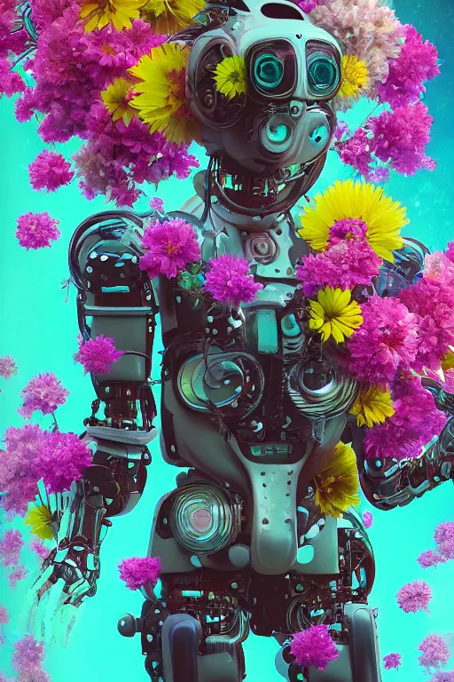 Image similar to closeup, underwater digital painting of a robot wearing a suit made of flowers, character portrait by fillip hodas, cgsociety, panfuturism, made of flowers, holographic, synthwave, vaporwave