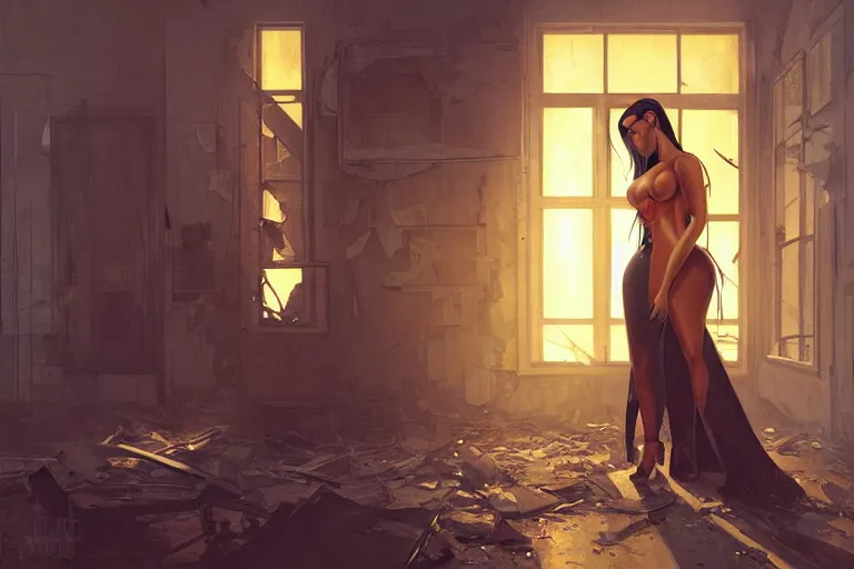 Image similar to cop kim kardashian inside a derelict apartment, glowing walkie talkie, realistic portrait, symmetrical, highly detailed, digital painting, artstation, concept art, smooth, sharp focus, illustration, cinematic lighting, art by artgerm and greg rutkowski and alphonse mucha