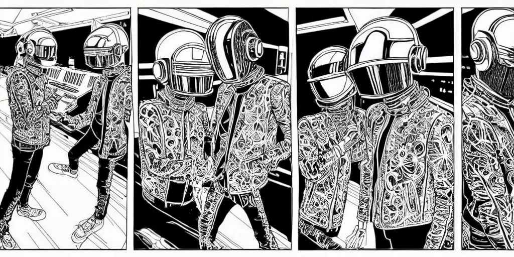 Prompt: intricate detailed artwork of Daft Punk using dj controller at an underground warehouse rave in Ibiza playing techno house music, housands of beautiful gorgeous female dancing in bikini, in the style of Geof Darrow and Moebius, no hair, vr sunglasses, beard, wires, speakers, black and white ink, some ink drips