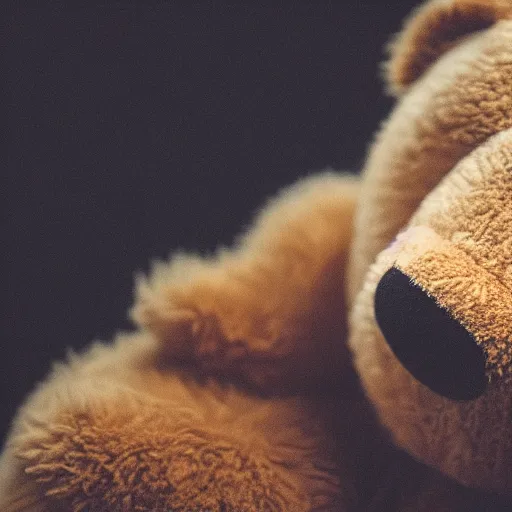 Image similar to cinematic photograph of Kanye West as a anthropomorphic teddy bear, close up, portrait, shallow depth of field, 40mm lens, gritty, textures