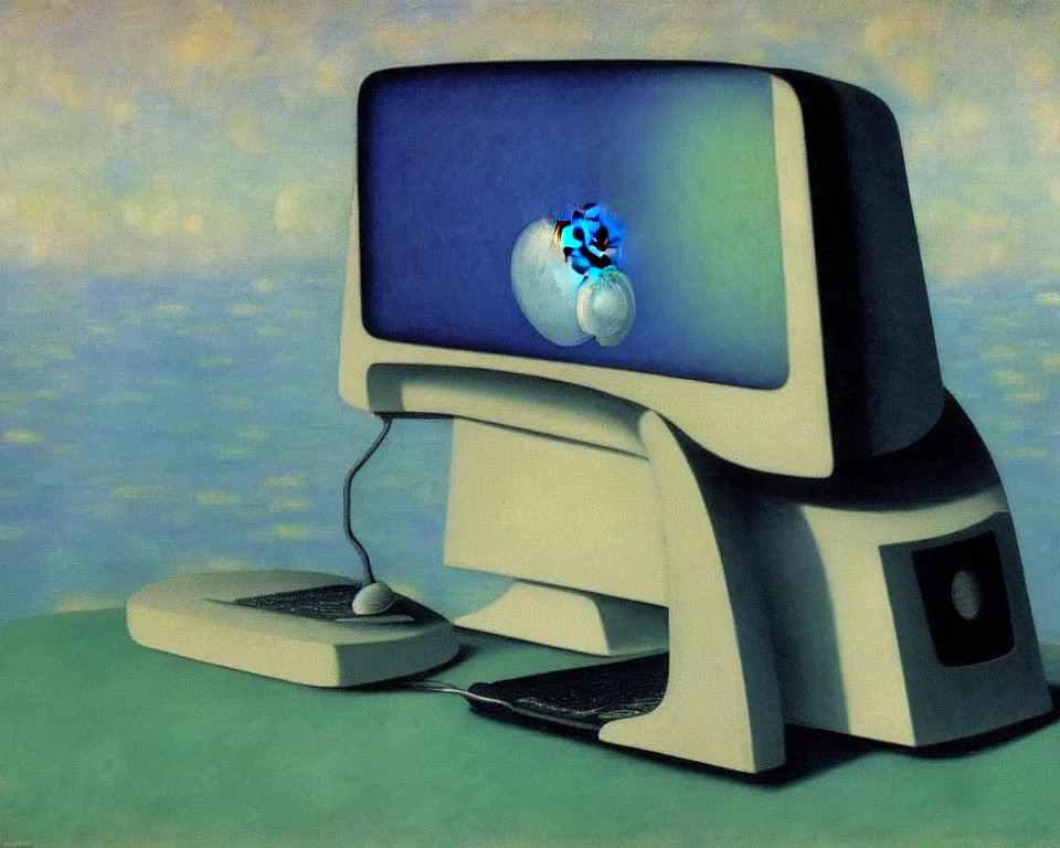 Prompt: achingly beautiful painting of a imac g 3 by rene magritte, monet, and turner. whimsical.