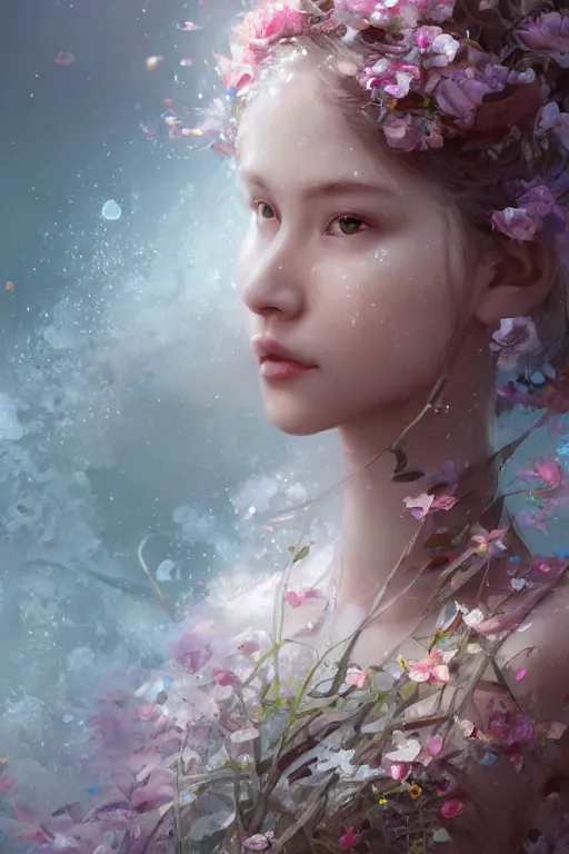 Image similar to face closeup a young beautiful girl drowned in water exploding into flowers, wearing crystal white feathers, 3 d render, hyper realistic detailed portrait, holding magic flowers, ruan jia, wlop. scifi, fantasy, hyper detailed, octane render, concept art, by peter mohrbacher, by wlop, by ruan jia