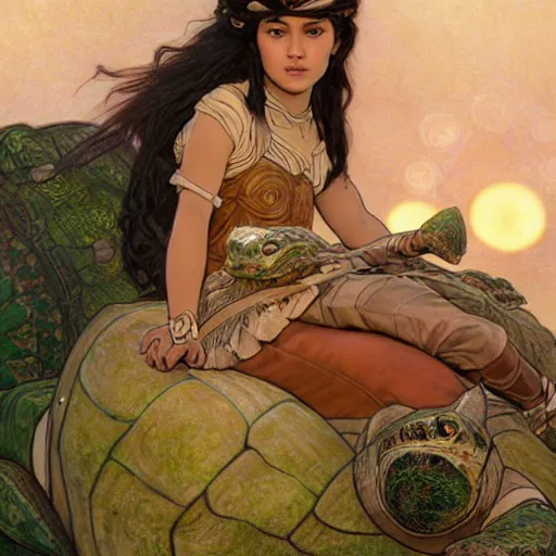 Prompt: a little warrior girl sitting on top of one giant turtle with a wise face looking at her. the girl has dark skin and beautiful green eyes, realistic full body and a very beautiful detailed symmetrical face with long black hair. diffuse light, dramatic sky and landscape, long shot fantasy illustration by mucha