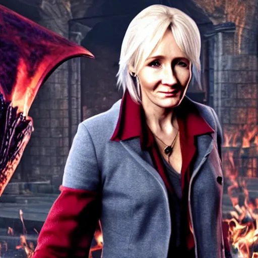 Image similar to JK Rowling as a character in Devil May Cry, film still, photorealistic, medium shot