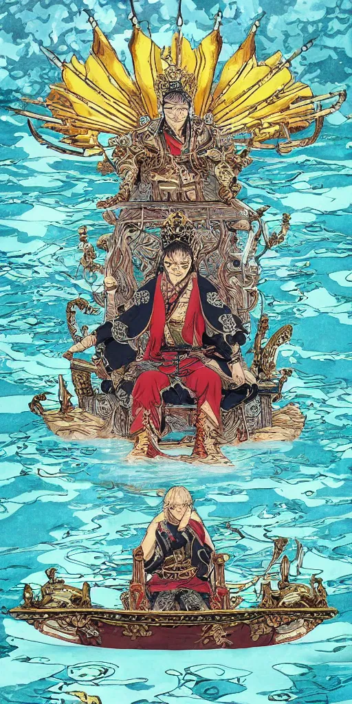 Image similar to a lone emperor sitting on a throne floating on water in the middle of a lake drawn by Makoto Yukimura in the style of Vinland saga anime, full color, detailed, psychedelic