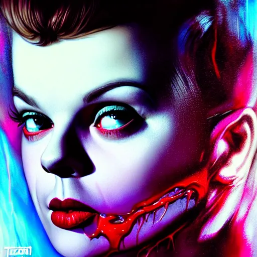 Prompt: judy garland, beautiful, terrifying, melting, webbing, 8 k, by tristan eaton, stanley artgerm, tom bagshaw, greg rutkowski, carne griffiths, ayami kojima, beksinski, giger, trending on deviantart, face enhance, hyper detailed, minimalist, horror, full colour