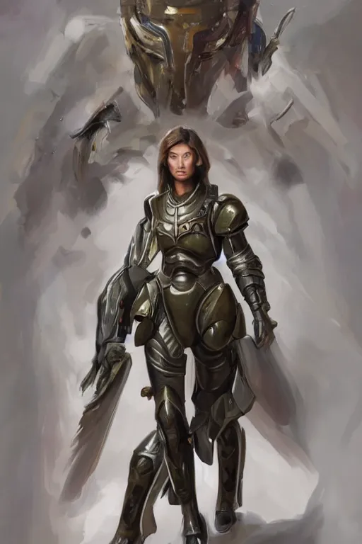 Image similar to a professional painting of a young Olivia Wilde, clothes in military armor, olive skin, long dark hair, beautiful bone structure, symmetrical facial features, intricate, elegant, digital painting, concept art, smooth, sharp focus, illustration, from StarCraft by Ruan Jia and Mandy Jurgens and Artgerm and William-Adolphe Bouguerea