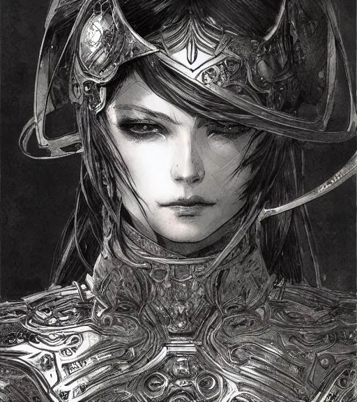 Image similar to portrait of anime woman in armor, pen and ink, intricate line drawings, by craig mullins, ruan jia, kentaro miura, greg rutkowski, loundraw