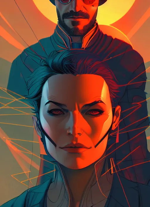 Prompt: Rafeal Albuquerque comic art, Joshua Middleton comic art, cinematics lighting, sunset colors, pretty female cyberpunk space pirate, big smirk, symmetrical face, symmetrical eyes,full body, in a field, sunset