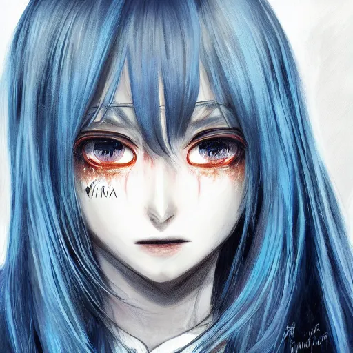 Image similar to full face shot of rimuru tempest, sky blue straight hair, long bangs, with amber eyes, wearing a fancy black jacket, high collar, ultra detailed, brush strokes, digital painting, cinematic, wlop artstation, closeup, pixiv, eerie, scary, intimidating glare, evil, yoshitaka amano, junji ito,