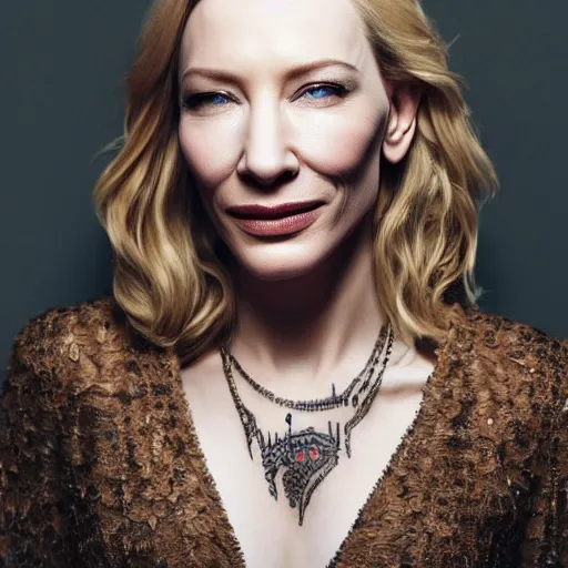 Image similar to high resolution portrait of cate blanchett with face tattoo , highly detailed, photorealistic, 4k